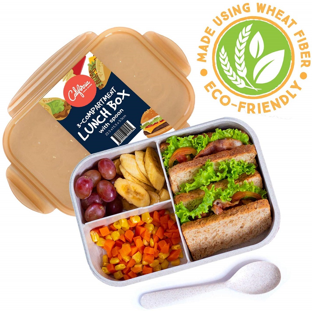 eco-friendly bento box with 3 compartments and lid